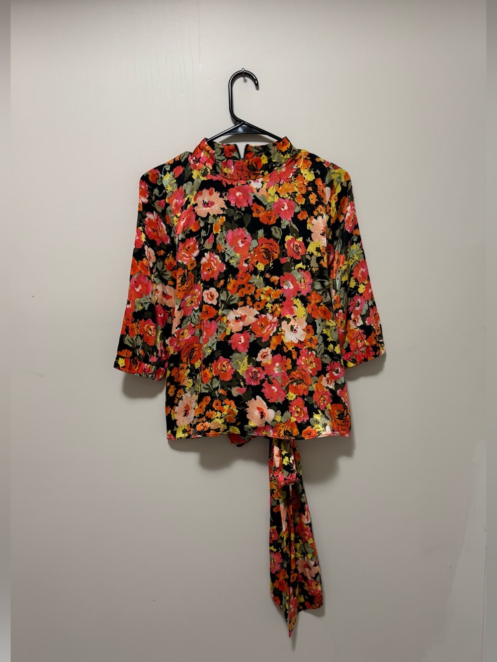 Zara Floral Tie-Back Mock Neck Top - Black Multi